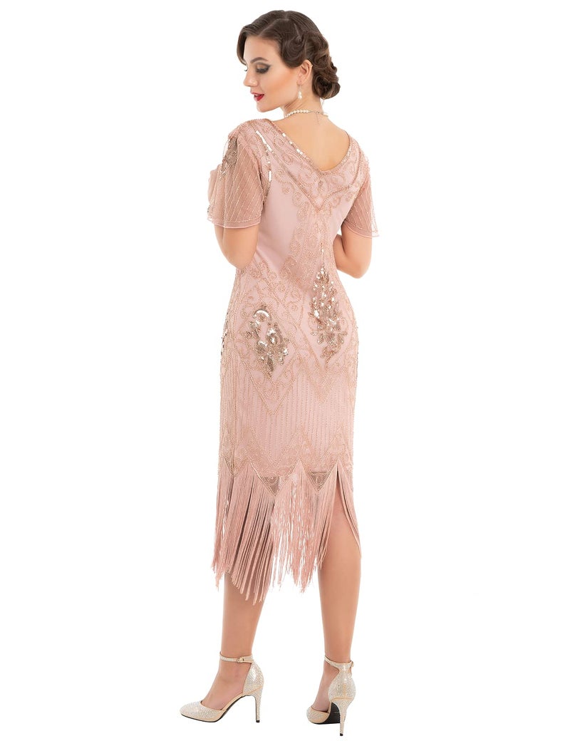 PrettyGuide Women's 1920s Flapper Dress Fringed Great Gatsby Dress M Rose Gold - Image 3